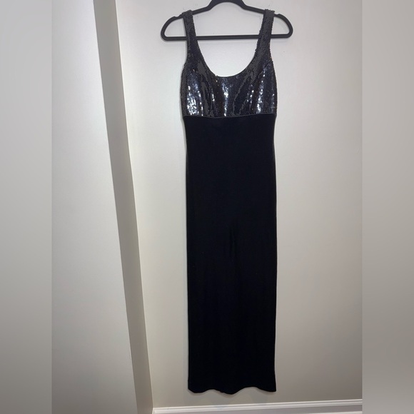 Rimini Vintage Black Elegant Black Tie Velvet Maxi Dress with Silver Sequin - Picture 1 of 5